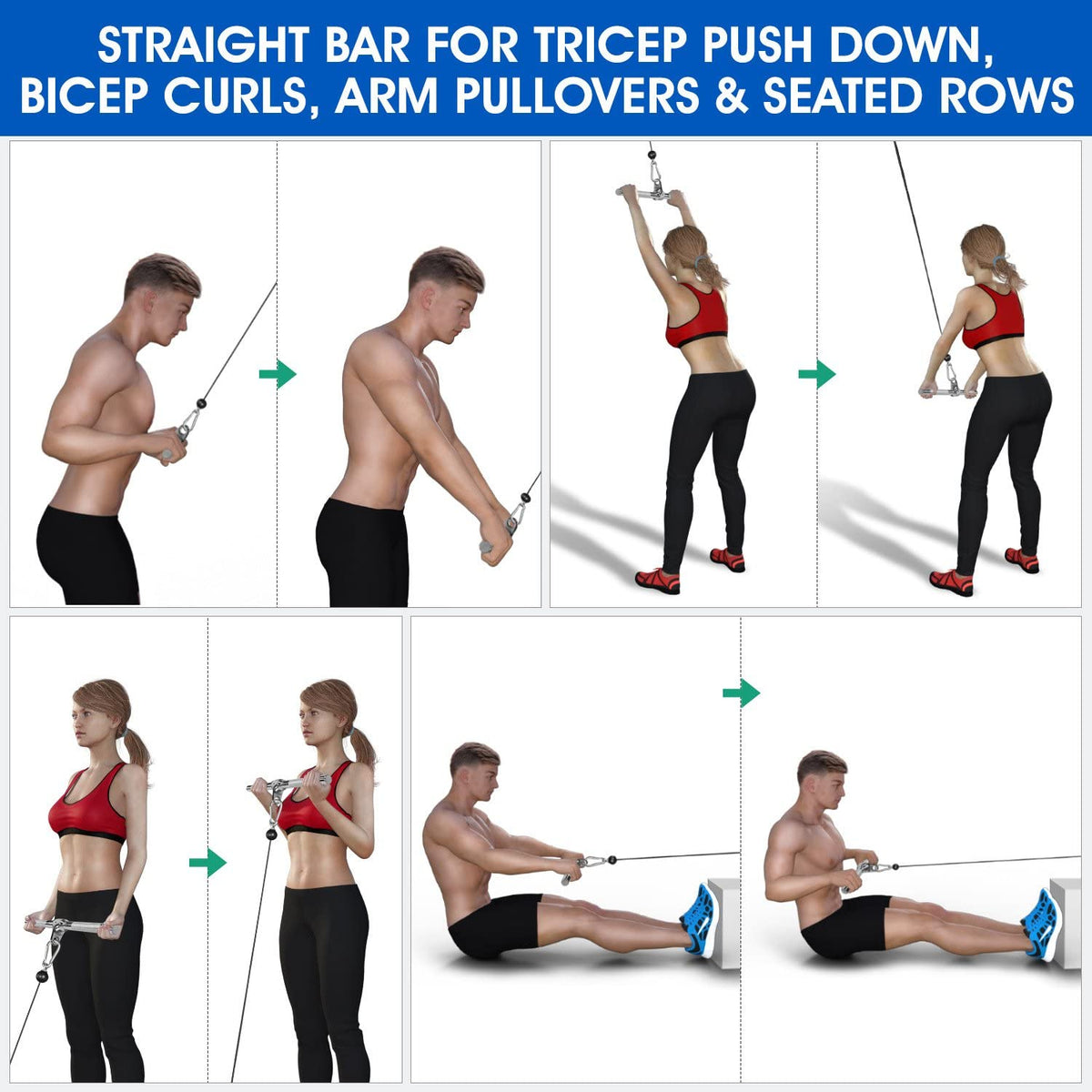 Yes4All Cable Machine Attachment, Row Handles, Tricep Rope, Straight Bar, V Bar, LAT Pulldown Accessories Load 880 LB for Home Gym
